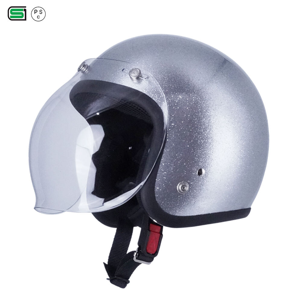 スモールジェットヘル ジェットヘルメット ラメ入りシルバー バブル付き ミラーイエロー 送料無料 GT301 ヘルメット ノスタルジック GT-301