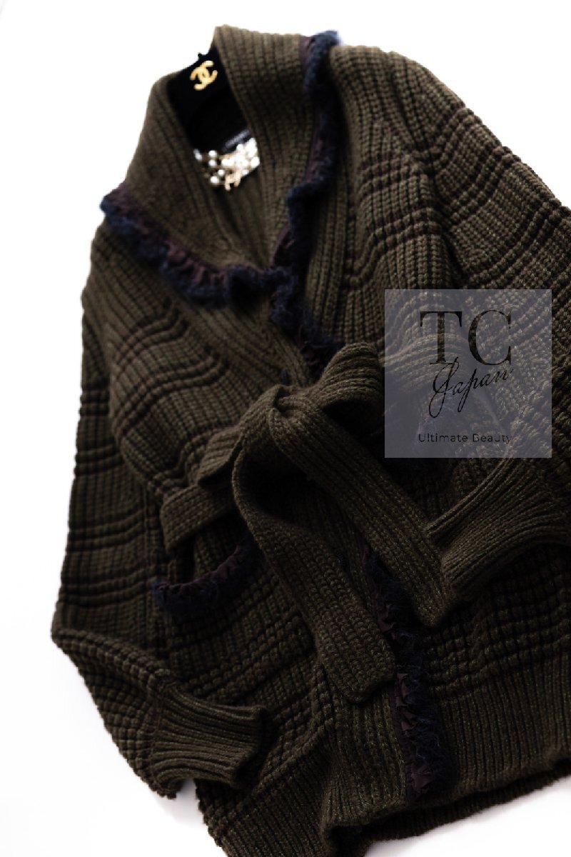 シャネル コート カーディガン CHANEL 76萬 オリーブ ブラウン トリム ヤク カシミヤ ニット カール?ラガーフェルド作品 超美品 38 40