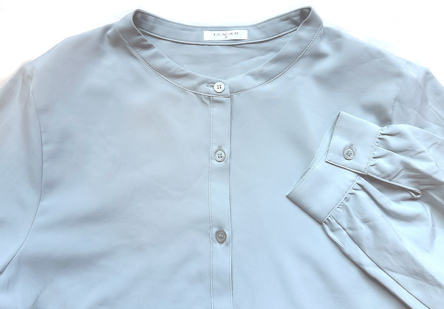 最終価格★GLACIER グラシア・ハニーズ★ティアード・ギャザーフレア・バンドカラー・ブラウス・ライトブルーグレー・Mサイズ★美品_画像5