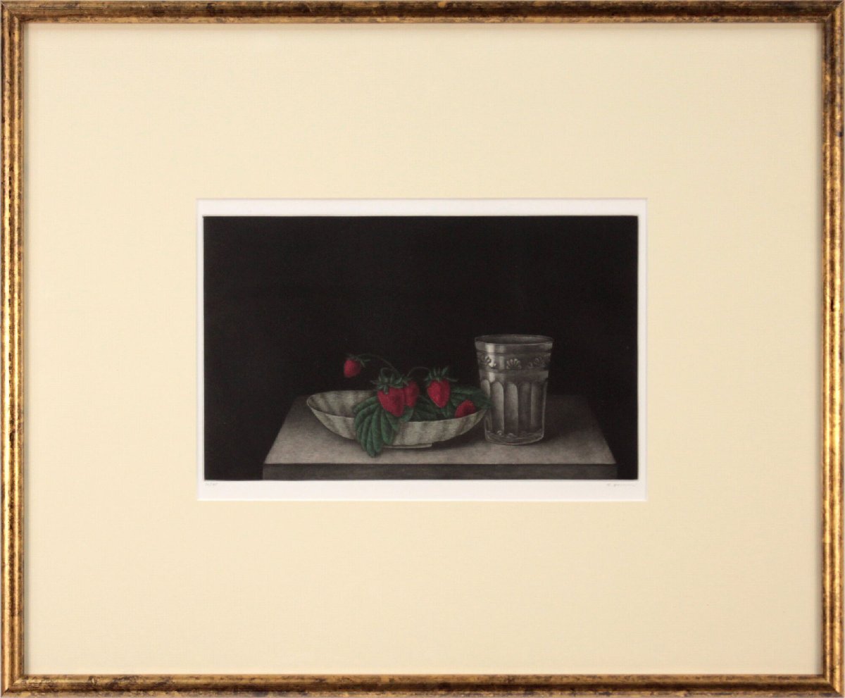 横井巴 「イチゴとカットグラス」 カラーメゾチント 絵画 - 北海道画廊