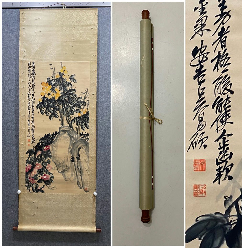 □観心・時代旧蔵□K1032中国古書道◇呉昌碩 花卉 掛け軸 書画 □観心・時代旧蔵□K1032中国古書道◇呉昌碩 花卉 掛け軸 書画