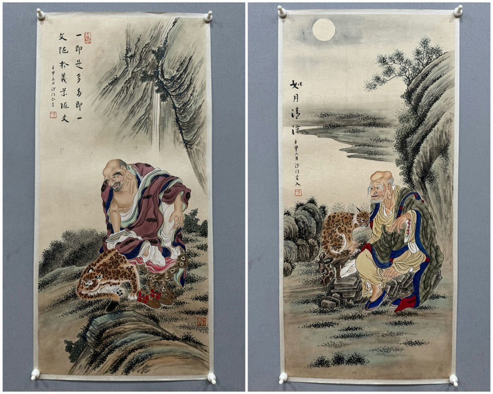 □観心・時代旧蔵□B2486中国古書道 弘一法師 十八羅漢図18枚組