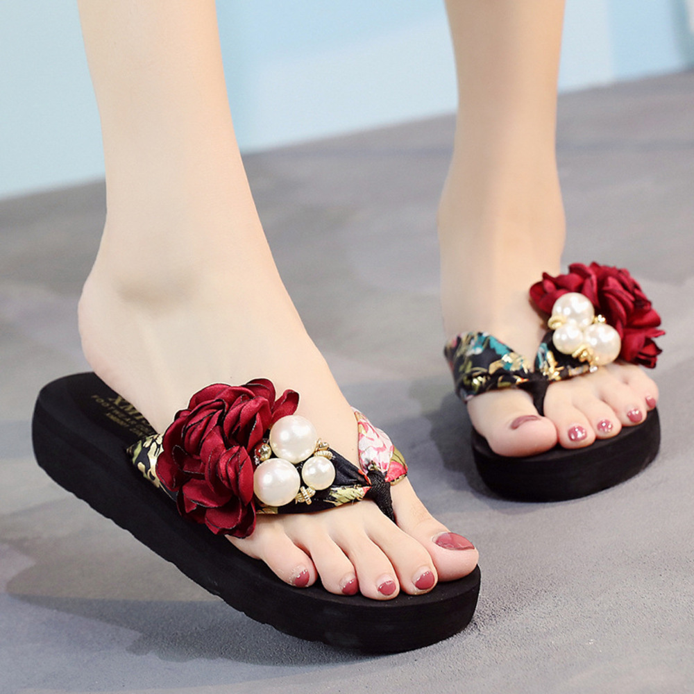 ☆ ブラック×レッド ☆ 35(22.5cm) ☆ ビーチサンダル レディース 厚底 花柄 サンダル ビーチサンダル レディース 厚底 花柄