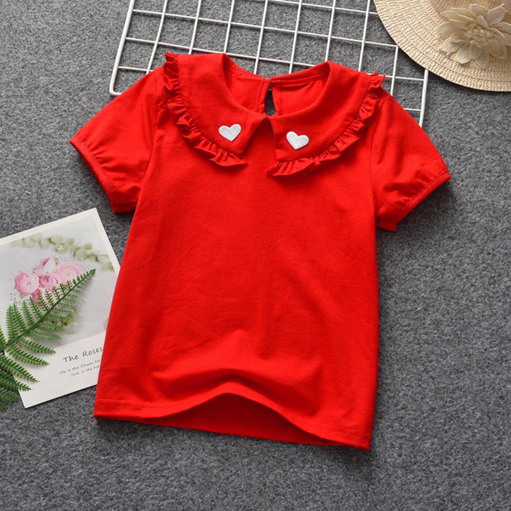 ☆ レッド ☆ 100cm ☆ 丸襟 カットソー キッズ 半袖 pmybrows007 丸襟 カットソー キッズ 半袖 ブラウス Tシャツ 襟 フリル ハート 子供服