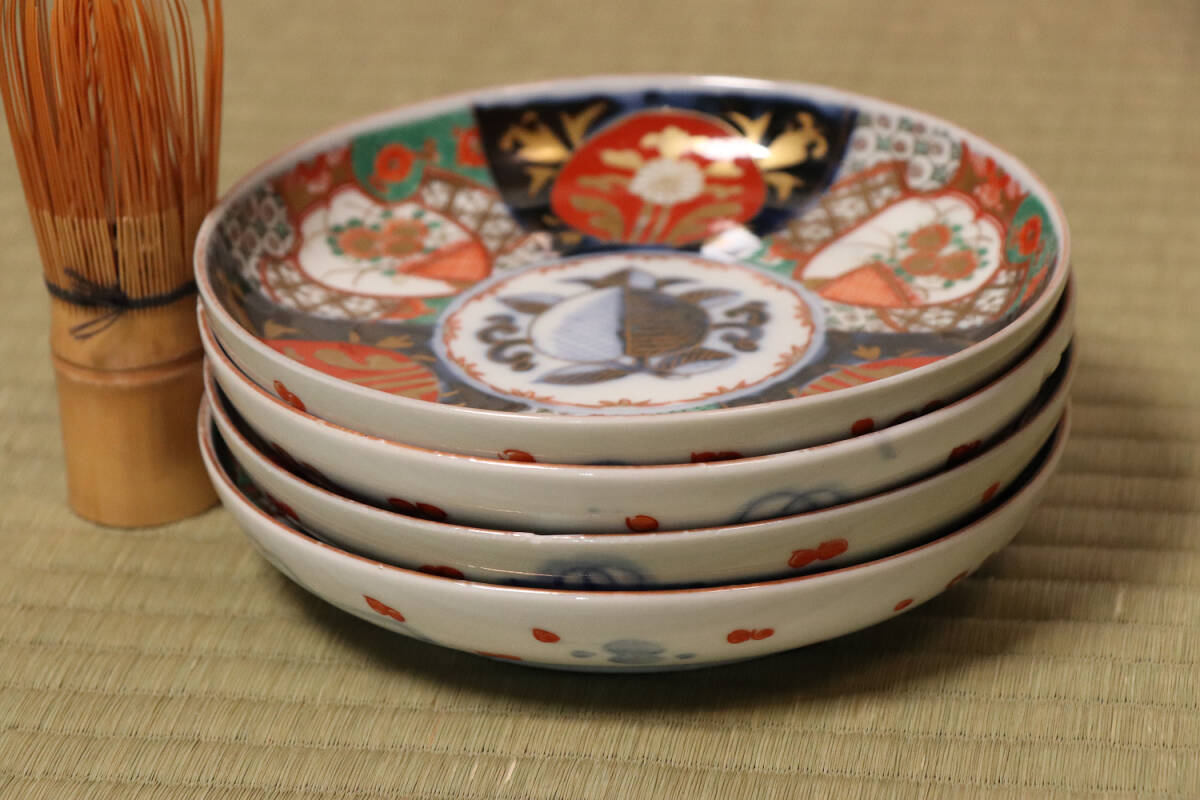 【CM48】古伊万里 色絵 五寸皿 四客 中皿 金彩 錦手 柘榴 花篭 草花 CM48】古伊万里 色絵 五寸皿 四客 15 3cm 中皿 金彩 錦手 柘榴
