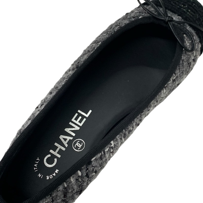 シャネル CHANEL フラットシューズ 靴 シューズ ツイード グレー ホワイト ブラック 未使用 ココマーク リボン バレリーナ