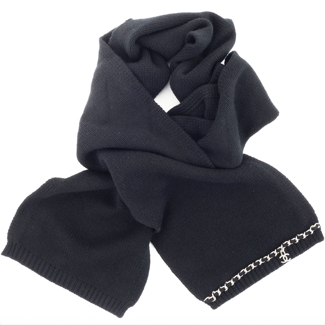 シャネル カシミヤマフラー カシミヤ100％ ブラック レディース レザーチェーン ココ 長方形 CHANEL 中古
