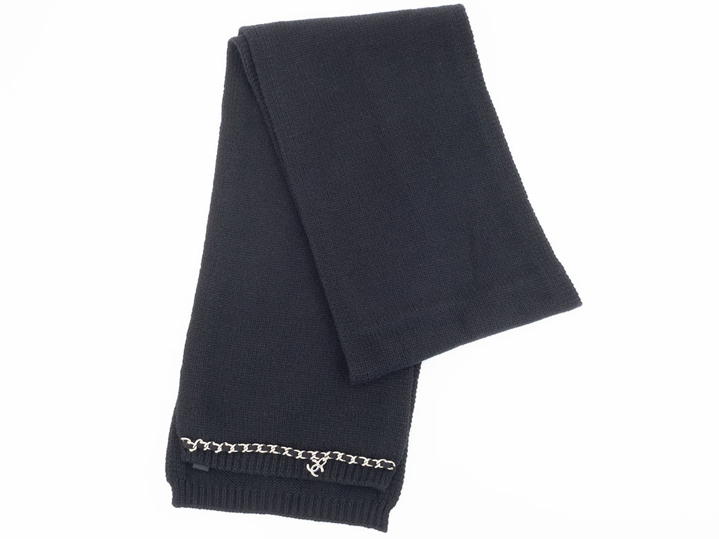 シャネル カシミヤマフラー カシミヤ100％ ブラック レディース レザーチェーン ココ 長方形 CHANEL 中古