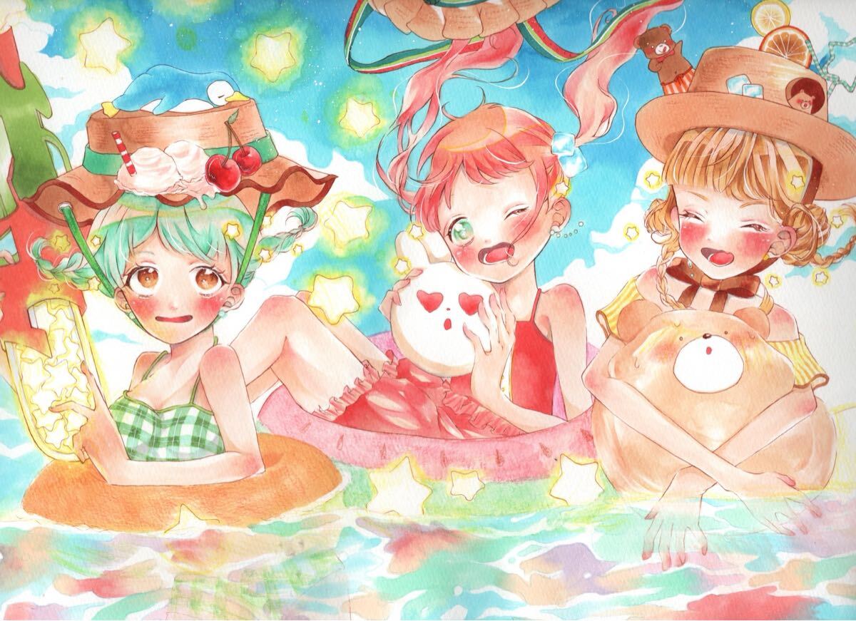 ◇海からきた少女◇手描きイラスト 手描きイラスト 女の子 海 - 手描きイラスト