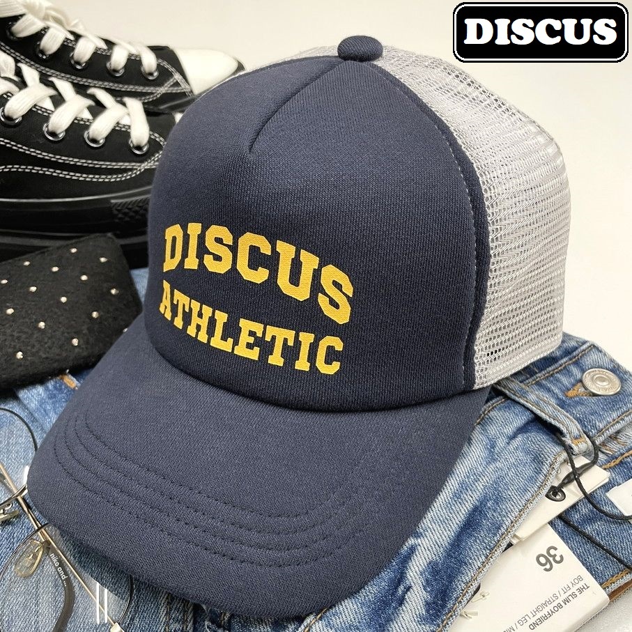 DISCUS ネイビー×ホワイト メッシュキャップ 野球帽子 スポーツ ゴルフ バイク ミリタリー トラック アウトドア イエローロゴ ディスカス