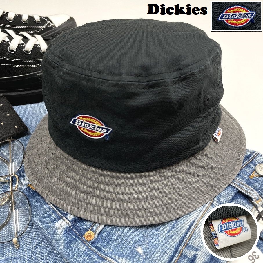 Dickies ブラック×グレー バケットハット スポーツ ゴルフ アウトドア キャンプ バイク オートバイ 釣り 帽子 ホワイトタグ ディッキーズ