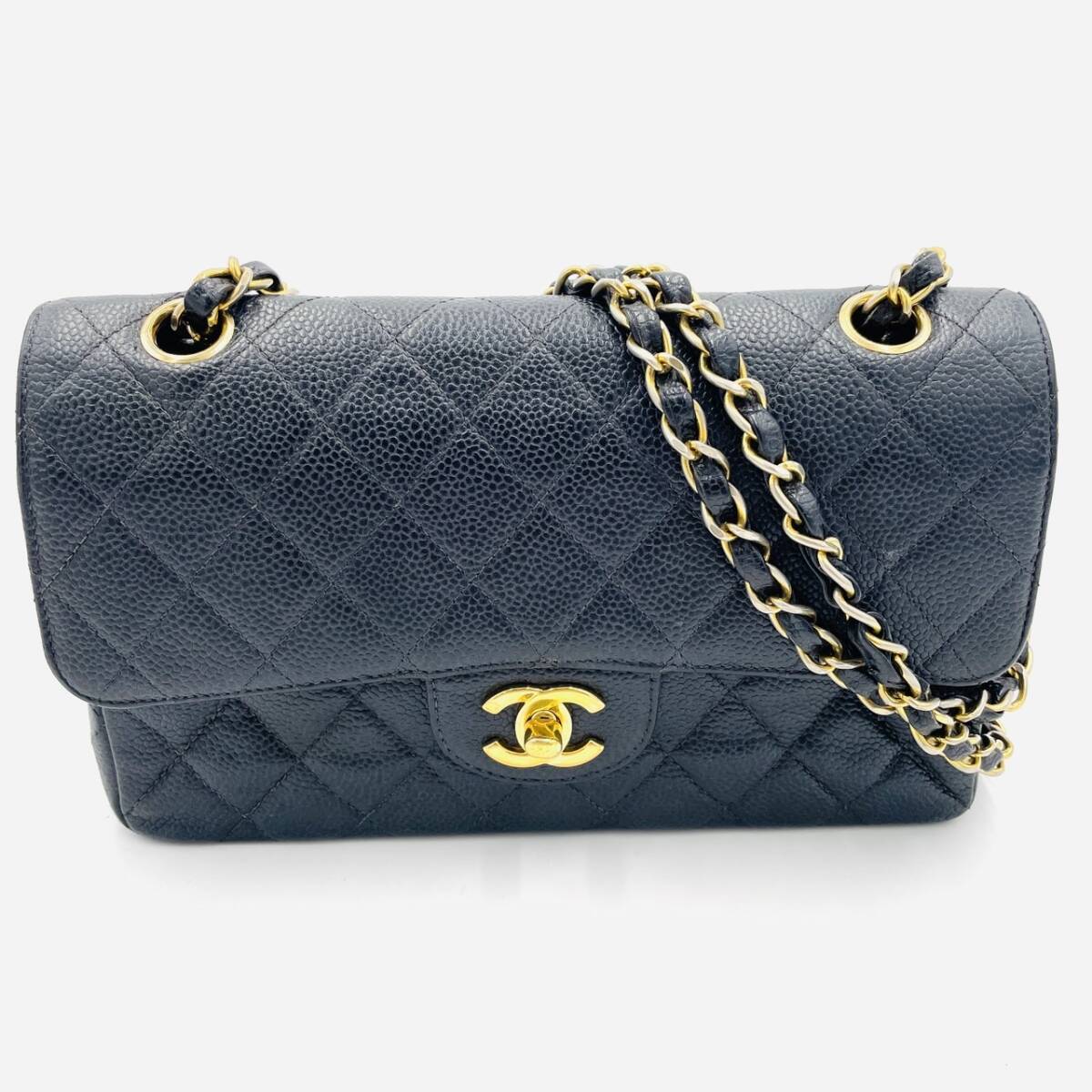 シャネル CHANEL マトラッセ Wフラップ チェーンショルダー キャビアスキン 黒 レザー ブラック ゴールド金具 7-11-177