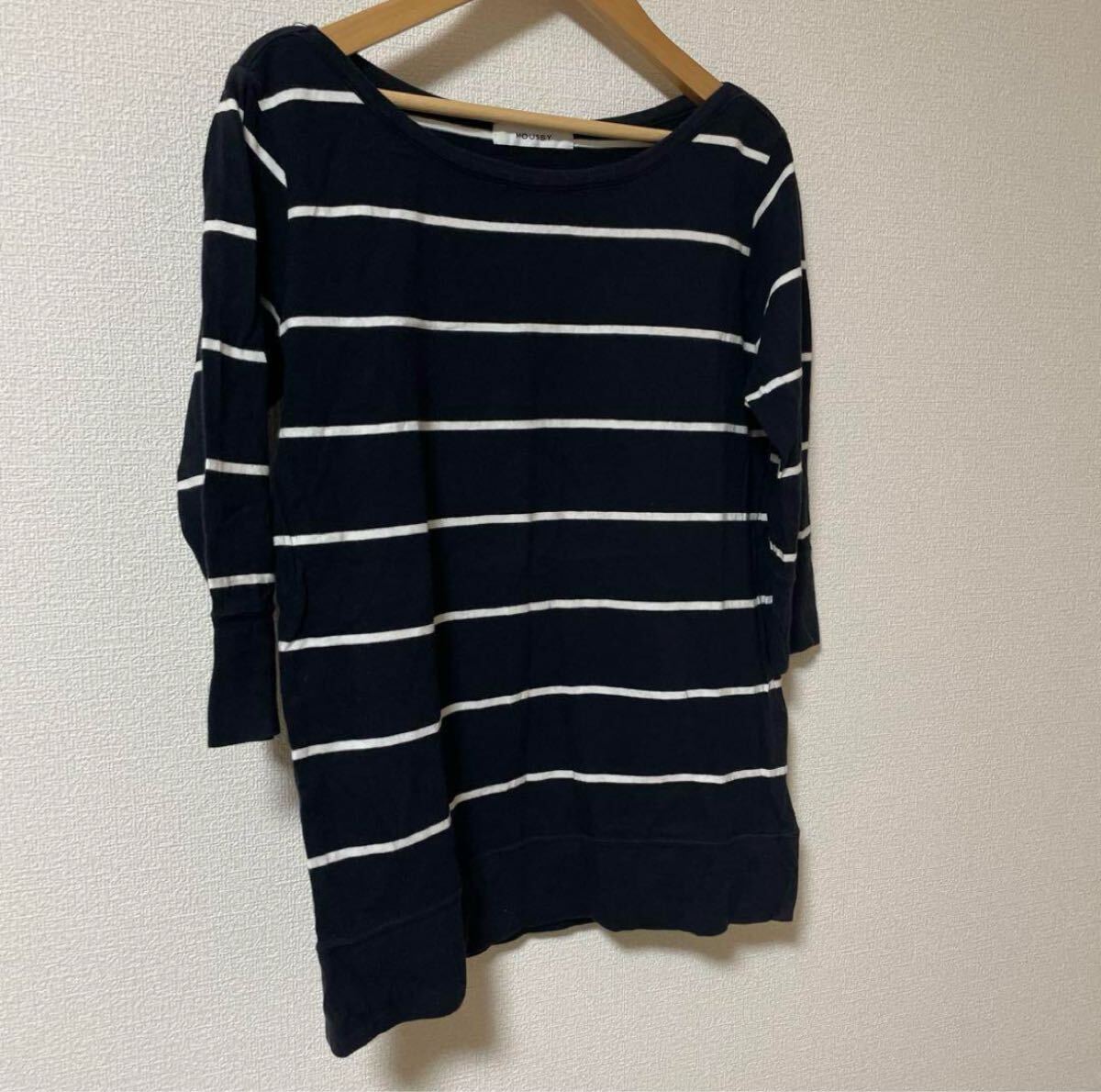 ★送料無料★ 即決　レディース　トップス　ストライプ 五分袖 トップス ネイビー/ホワイト　サイズＦ　moussy_画像3