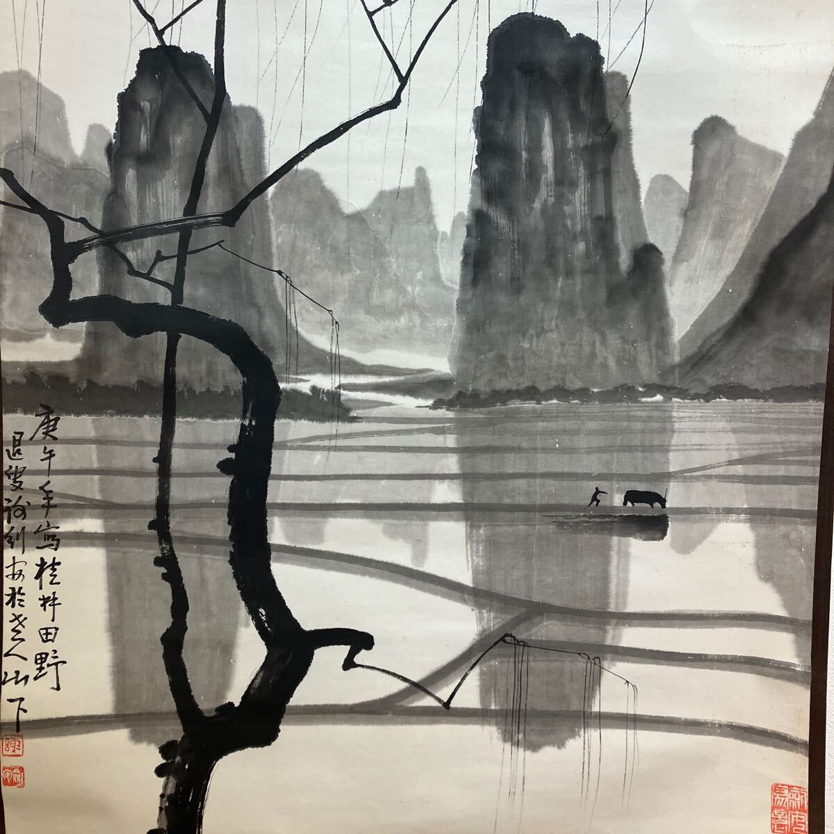 6251 【模写】掛軸 中国書画 謝剣安 水墨画 桂林田野 古玩 (掛軸 6251 【模写】掛軸 中国書画 謝剣安 水墨画 桂林田野 古玩 (掛軸