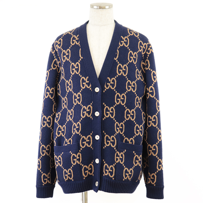 【美品】GUCCI グッチ カーディガン GG柄 グレンチェック柄 リバーシブル ウール混 リブ メンズ L ネイビー ベージュ グリーン イタリア制