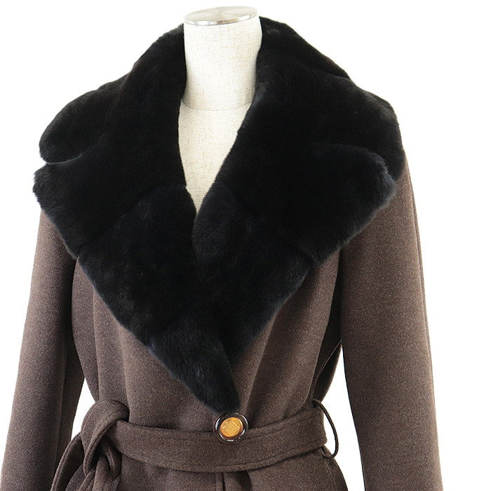 【美品】FENDI フェンディ メルトン コート リアルファー ダブルブレスト ウール アンゴラ カシゴラ ベルト付き レディース 40 茶 付屬有