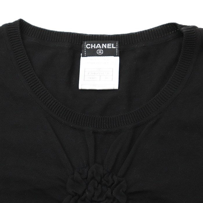 【美品】CHANEL シャネル ニット 03C P20468 シャーリングカメリア CCマーク 丸首 半袖 薄手 レディース 38 ブラック 黒 仏制