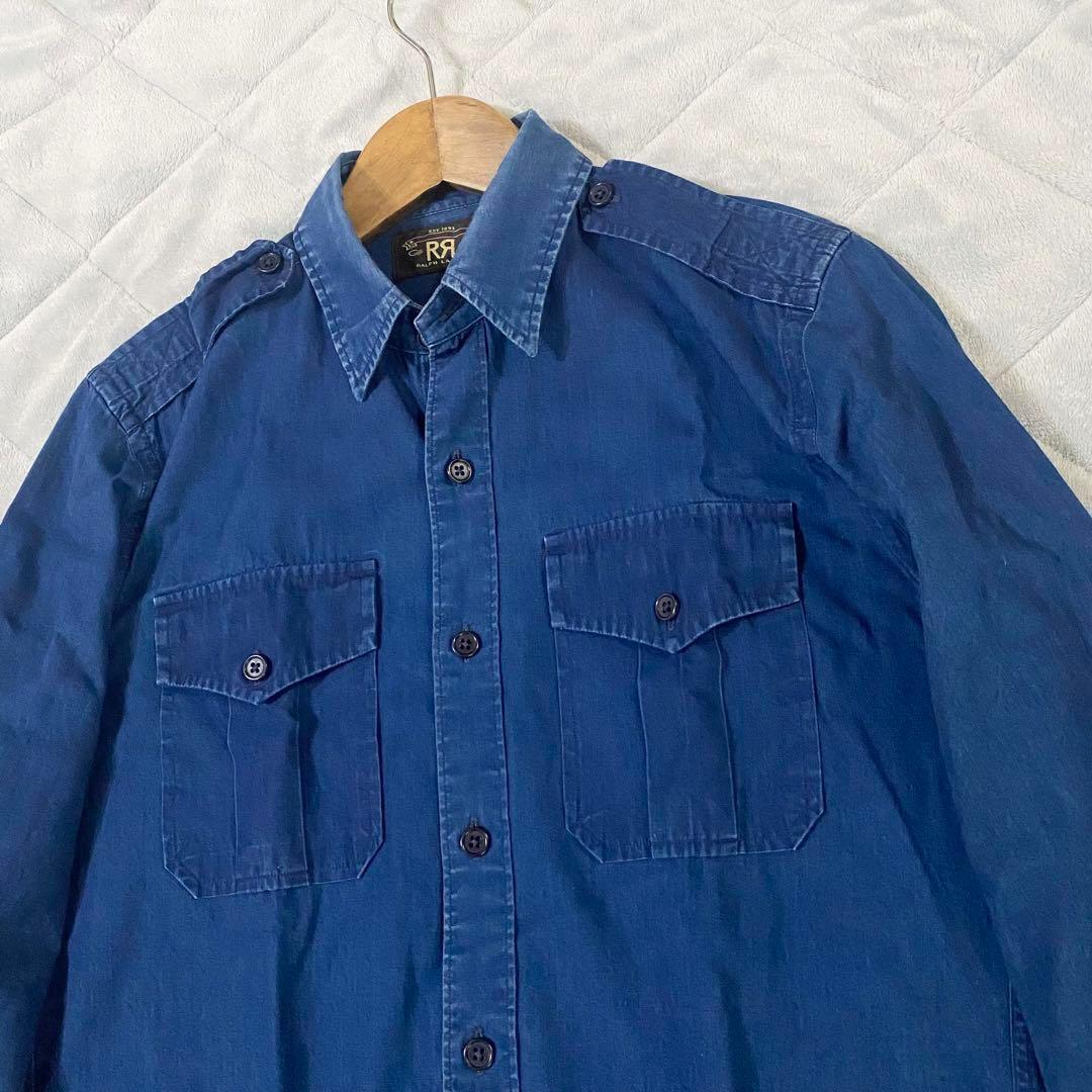 極希少 RRL ラルフローレン　ミリタリーシャツ エポレット シャンブレーシャツ インディゴ　ブルー　青　M相當(dāng)　ヴィンテージ