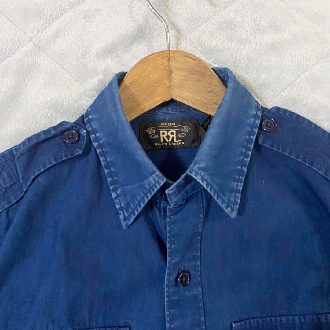 極希少 RRL ラルフローレン　ミリタリーシャツ エポレット シャンブレーシャツ インディゴ　ブルー　青　M相當(dāng)　ヴィンテージ