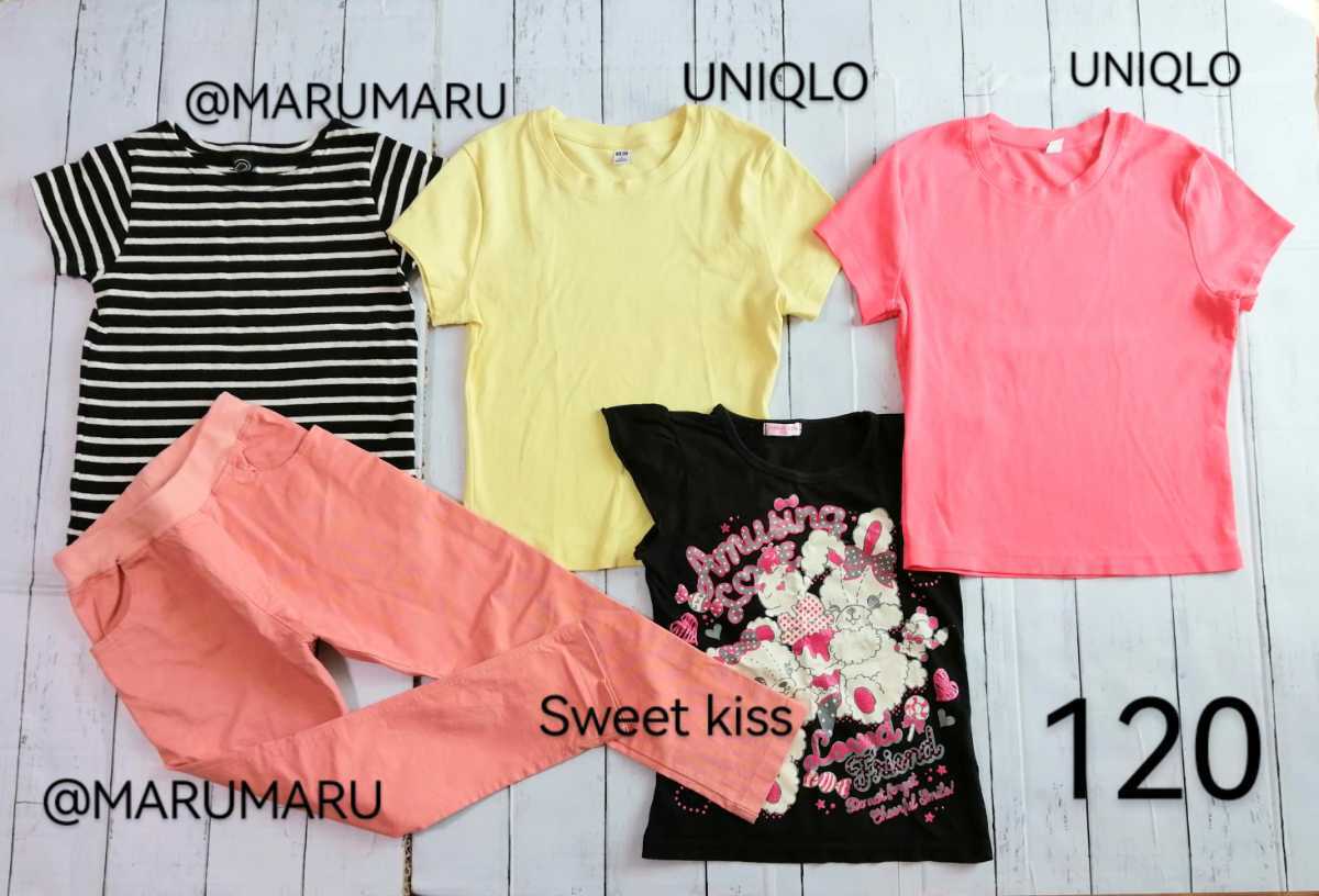 120サイズ5枚「◎MARUMARU ボーダー半袖Tシャツ ストレッチ長(zhǎng)ズボン」「UNIQLO半袖Tシャツ 2枚」「SWEET KISSプリントＴシャツ黒」マルマル
