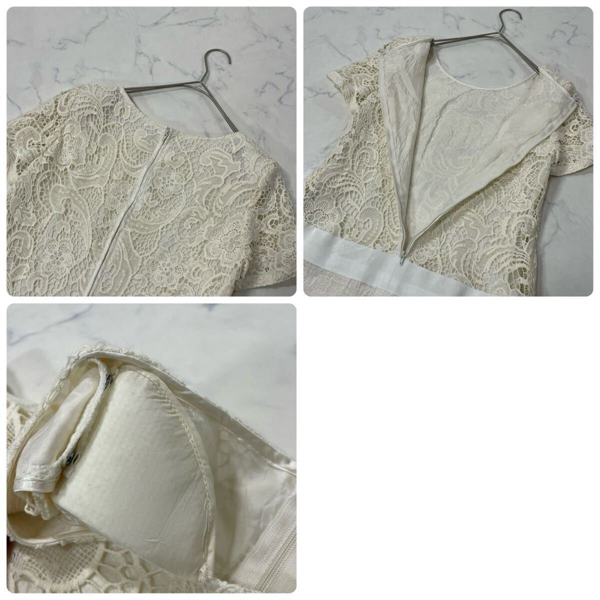 DUAL VIEW デュアルヴュー 日本製 切替 異素材 裏地付き 花柄 レース ジップ クルーネック 肩パット 半袖 ひざ丈 ワンピース ホワイト 40_画像7