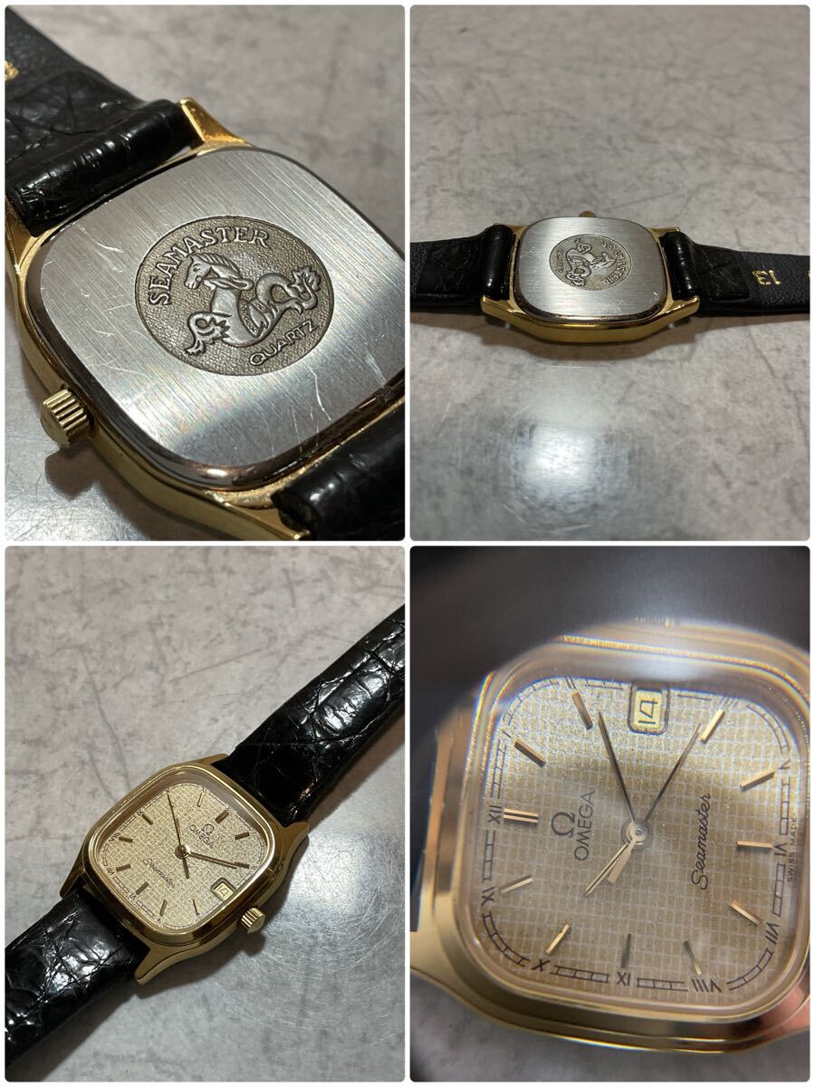 【稼働-電池交換済】OMEGA Seamaster オメガ シーマスター ゴールド文字盤(pán) スクエア デイト 3針 クォーツ 新品電池 現(xiàn)狀品 T12