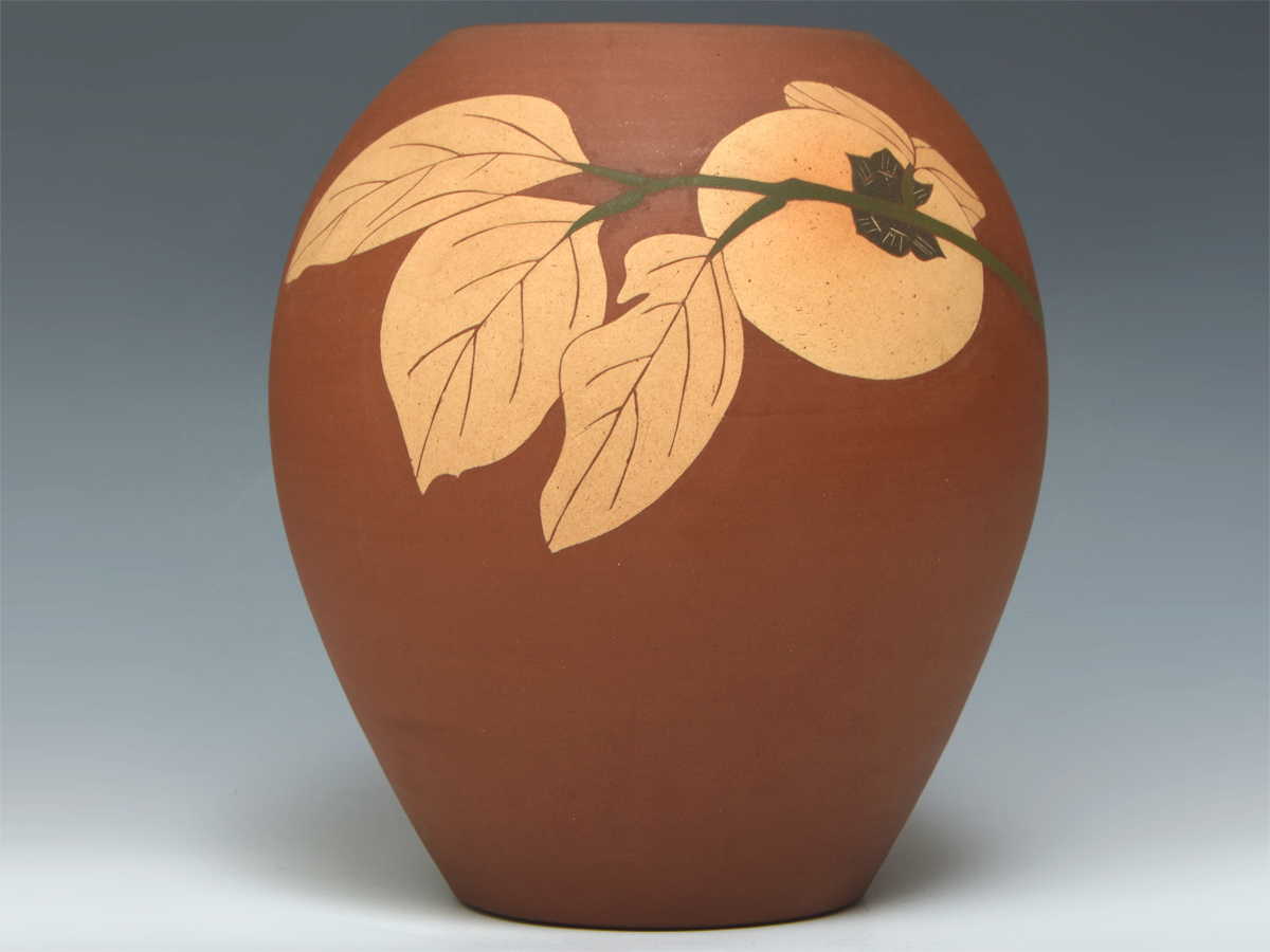 今井政之 (造) 象嵌彩 柿 花壺 高:21.5cm しおり 花器 花瓶 花入 今井政之 (造) 象嵌彩 柿 花壺 高:21.5cm しおり 花器 花瓶 花入