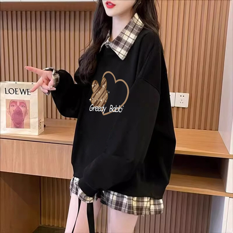 新品トレーナー 薄手 長袖 レディース 重ね着風 春秋 秋服 春服 トップス プルオーバー ゆったり チェック柄 オーバーサイズ(3色M-2XL)