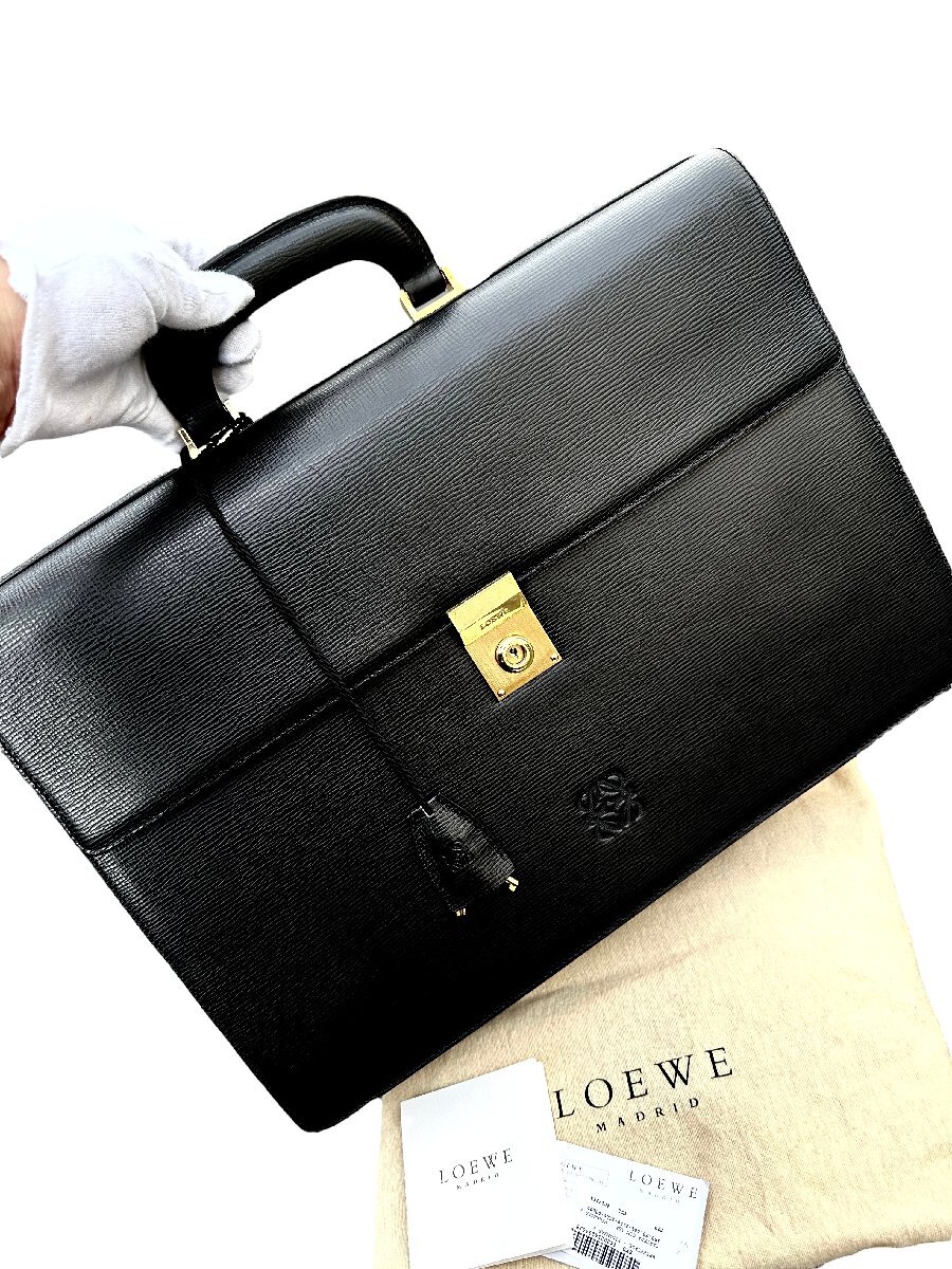 保管品◆ロエベ LOEWEヴィンテージVINTAGE黒金ゴールド金具カーフレザーハンドバッグブリーフケース通勤バッグビジネス男女