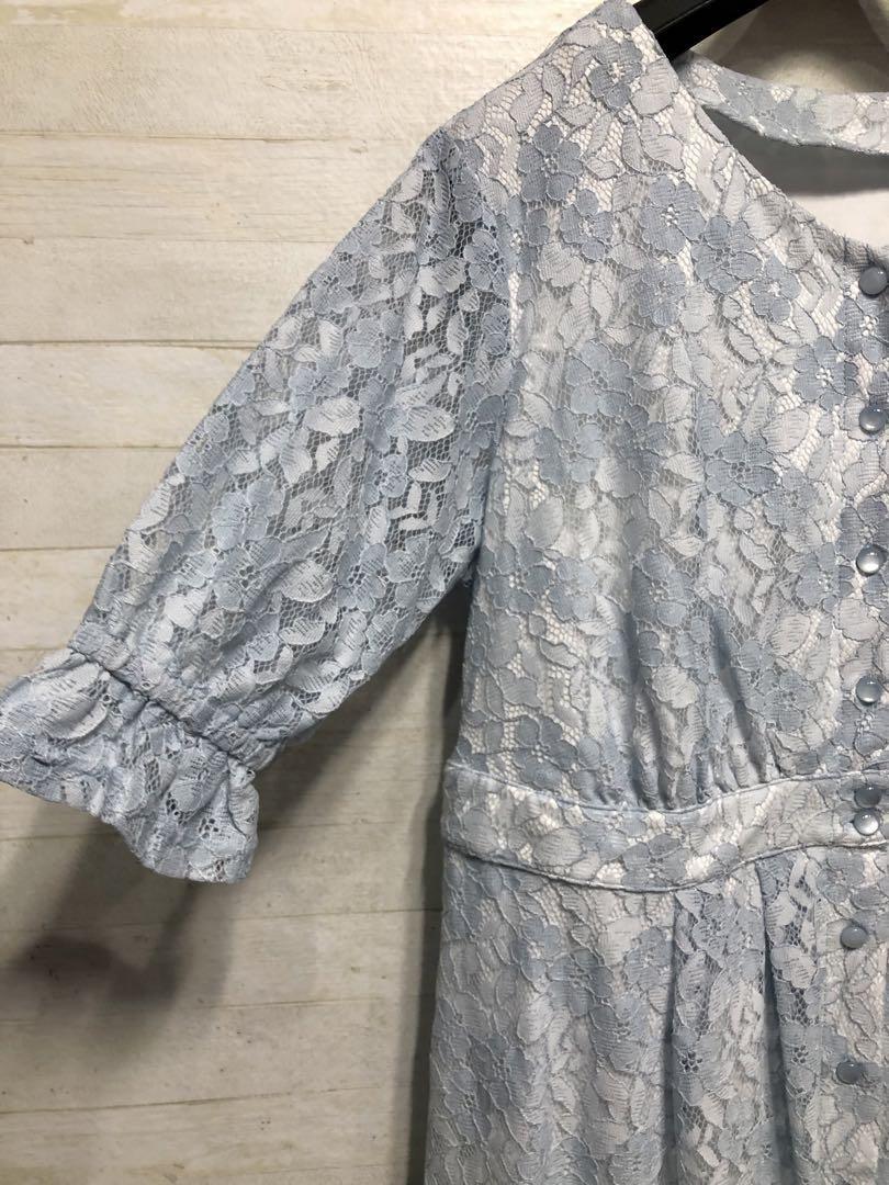 新品☆L?水色系?フェミニン総レース上品パーティワンピ〇D651