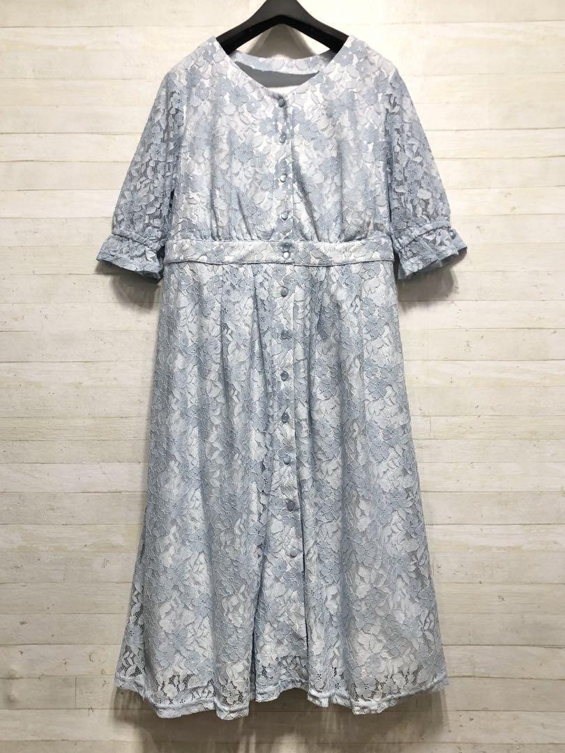 新品☆L?水色系?フェミニン総レース上品パーティワンピ〇D651