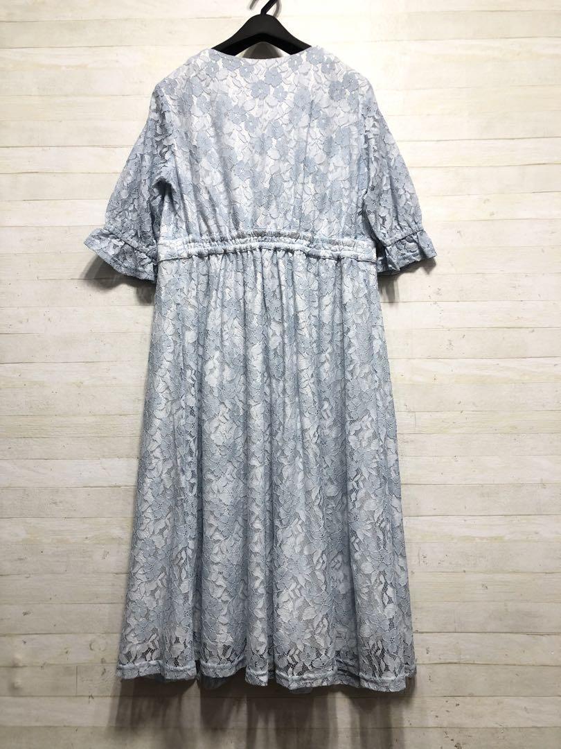新品☆L?水色系?フェミニン総レース上品パーティワンピ〇D651