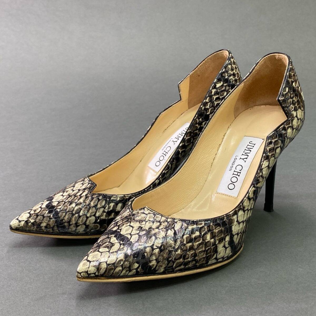 3c18 Италия производства JIMMY CHOO Jimmy Choo питон type вдавлено . каблук туфли-лодочки булавка каблук обувь 35 серый оттенок бежевого кожа 