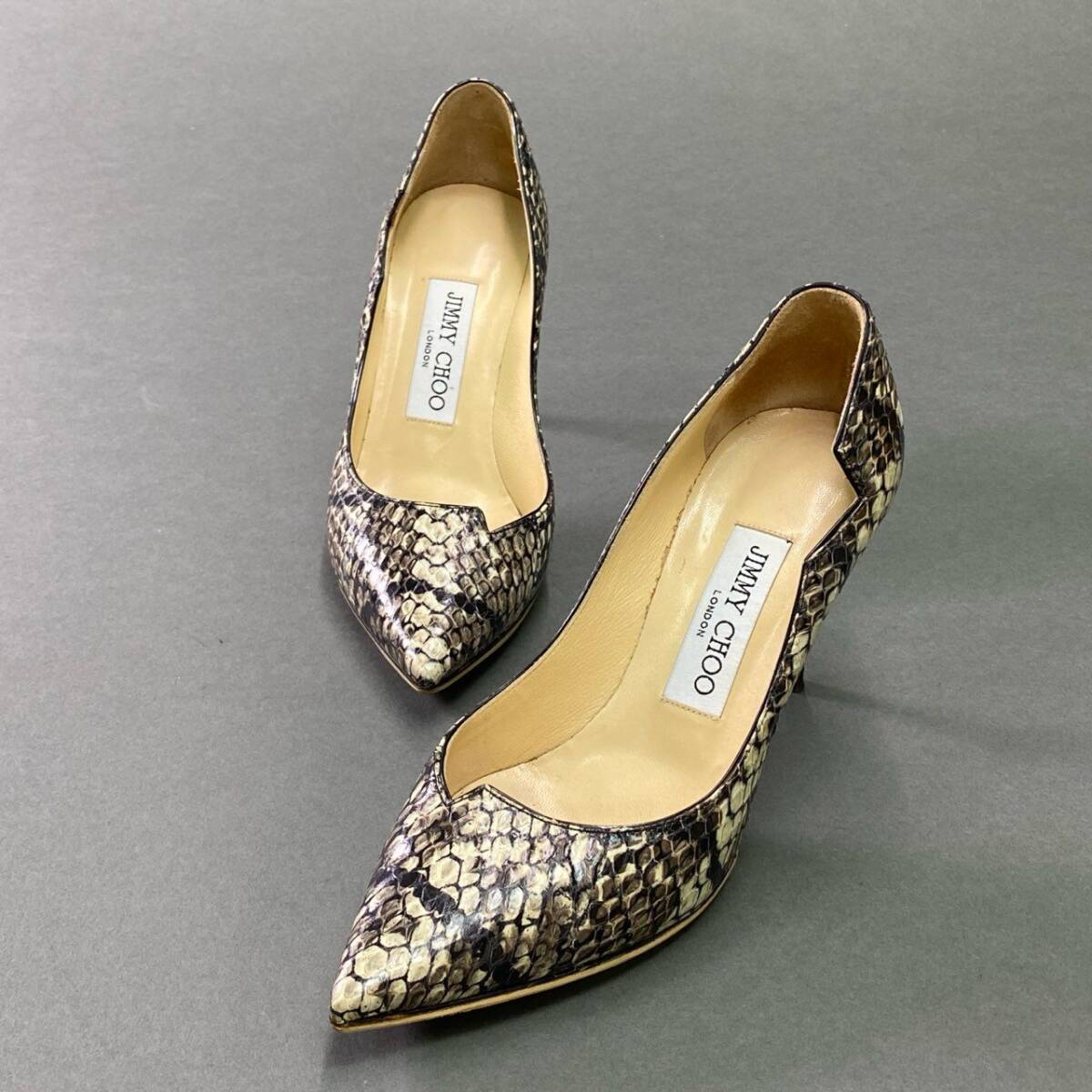 3c18 Италия производства JIMMY CHOO Jimmy Choo питон type вдавлено . каблук туфли-лодочки булавка каблук обувь 35 серый оттенок бежевого кожа 