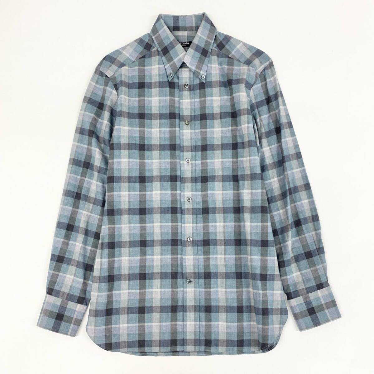 24c21 ZEGNA ゼニア カジュアルシャツ コットンシャツ チェックシャツ 薄手シャツ ボタンダウンシャツ 004169 38 ブルー系 綿100％