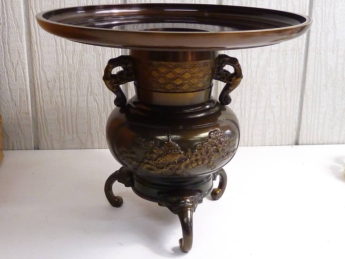 ☆鋳銅薄端 径33玉型 松鶴池紋 花器 薄端 茶道具 (花器)|売買 ☆鋳銅薄端 径33玉型 松鶴池紋 花器 薄端 茶道具 (花器)|売買