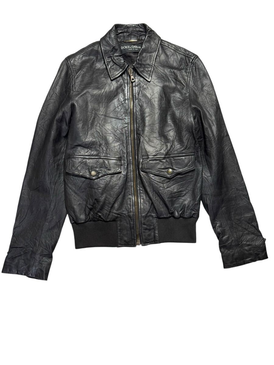 イタリア制 DOLCE&GABBANA ドルチェ&ガッバーナ ウォッシュ加工 ラムスキン レザージャケット ブラック 46