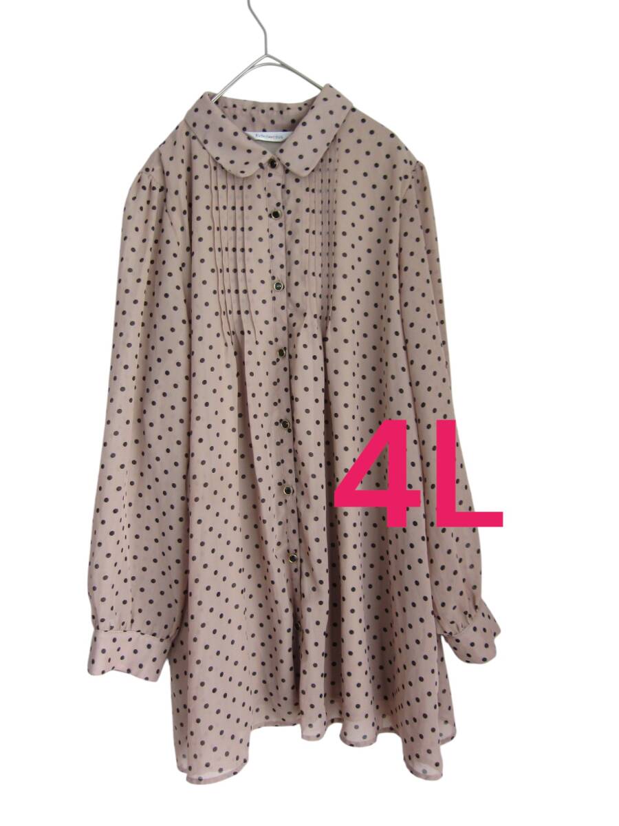 ★送料無料　〇31　美品　　～5L着用可　ベージュ　ドットシフォン　チュニック　長袖　大きいサイズ　ゆうパケットポスト