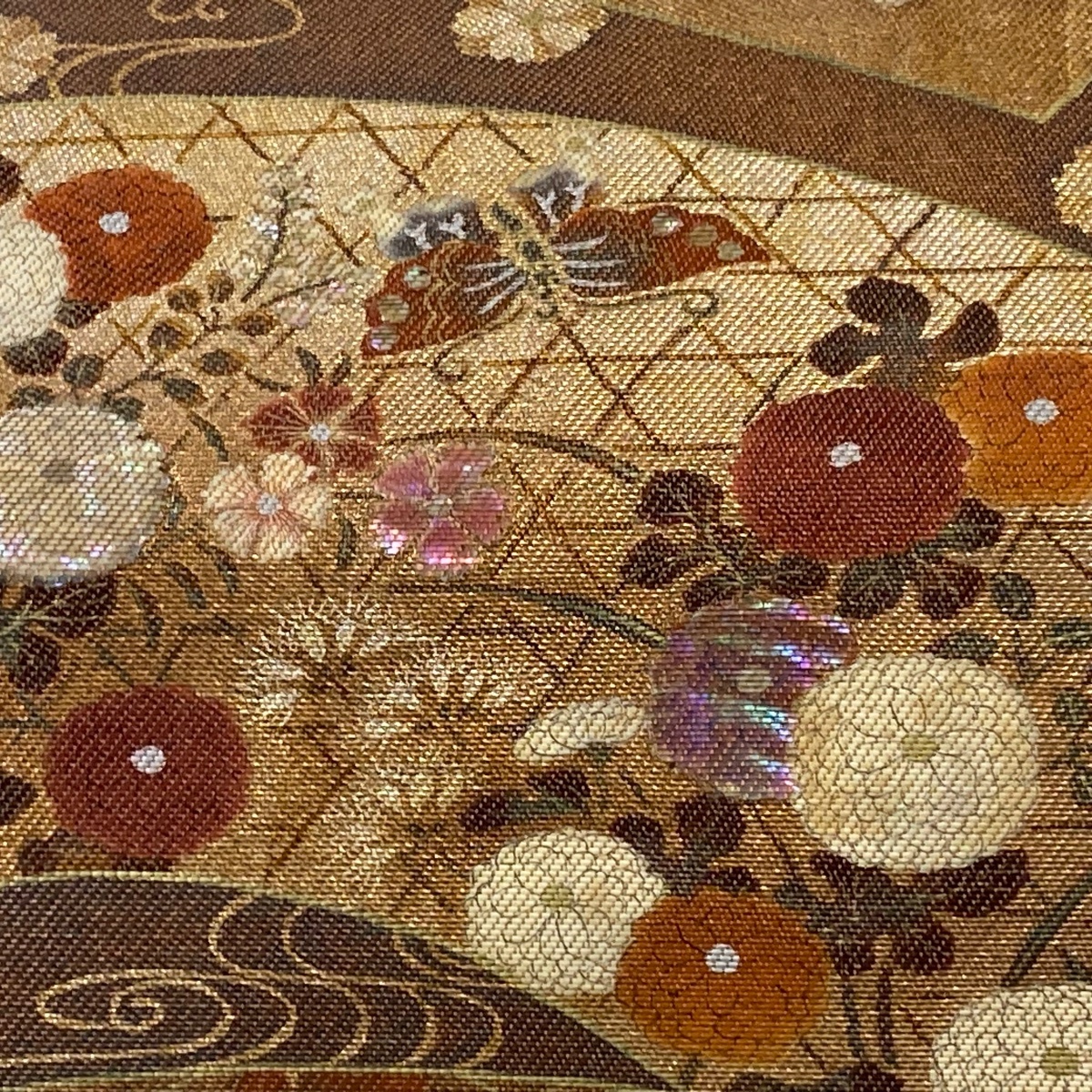 袋帯 美品 秀品 扇面 草花 箔 螺鈿箔 赤茶 お太鼓柄 正絹 【中古 袋帯 美品 秀品 扇面 草花 箔 螺鈿箔 赤茶 お太鼓柄 正絹 【中古