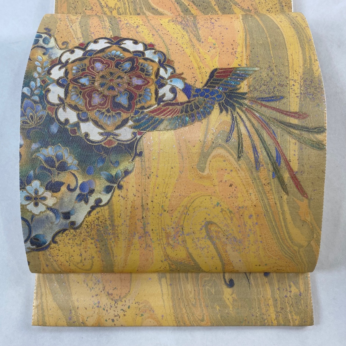 袋帯 美品 名品 鳳凰 華文 螺鈿箔 金彩 金色 お太鼓柄 正絹 袋帯 美品 名品 鳳凰 華文 螺鈿箔 金彩 金色 お太鼓柄 正絹