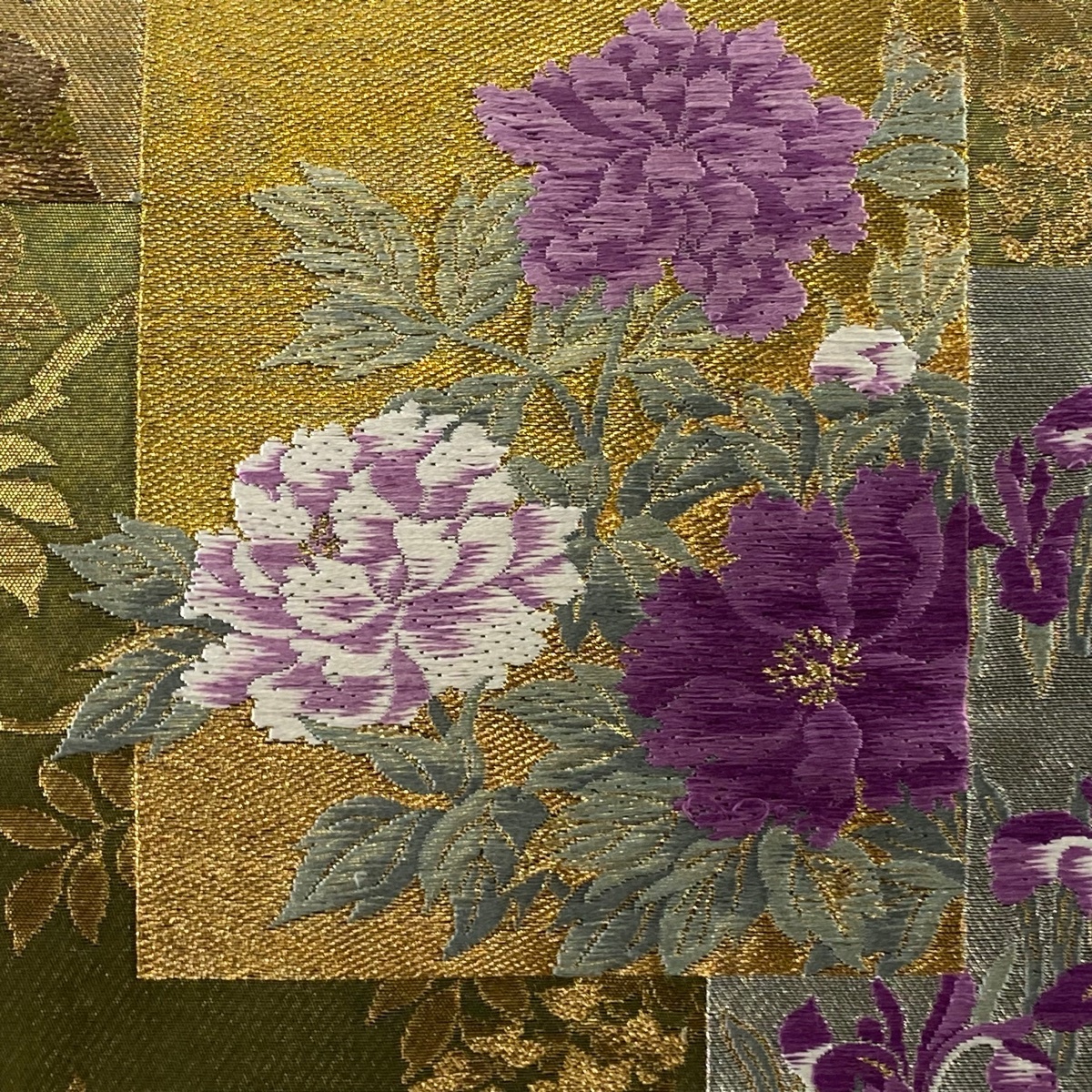 在庫一掃】 袋帯 逸品 じゅらく 落款 帝王紫 鶴 草花 箔 茶緑色 在庫一掃】 袋帯 逸品 じゅらく 落款 帝王紫 鶴 草花 箔 茶緑色