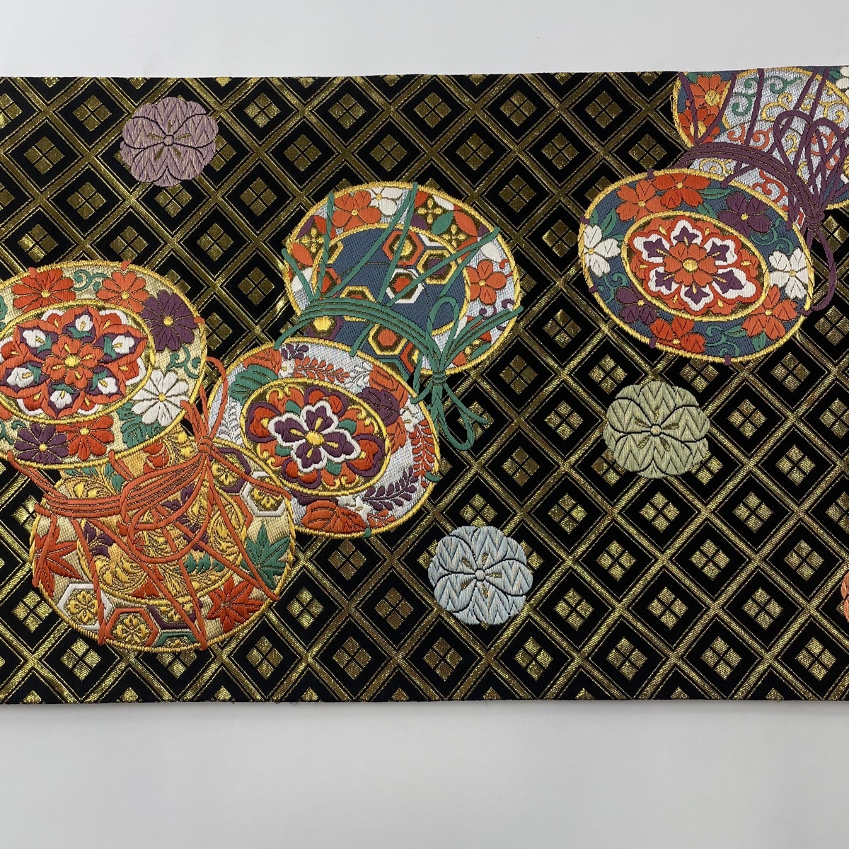 袋帯 美品 秀品 じゅらく 落款 慶長三華 祥寿遊雅 桧扇 有職文様 袋帯 美品 秀品 じゅらく 落款 慶長三華 祥寿遊雅 桧扇 有職文様
