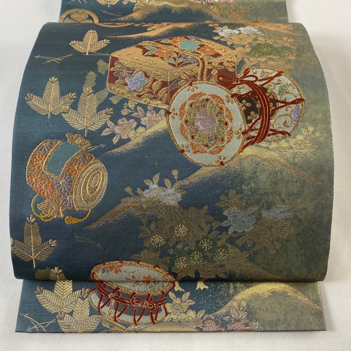 袋帯 美品 名品 和楽器 桜 螺鈿本金真珠箔 螺鈿箔 青緑 六通 袋帯 美品 名品 和楽器 桜 螺鈿本金真珠箔 螺鈿箔 青緑 六通