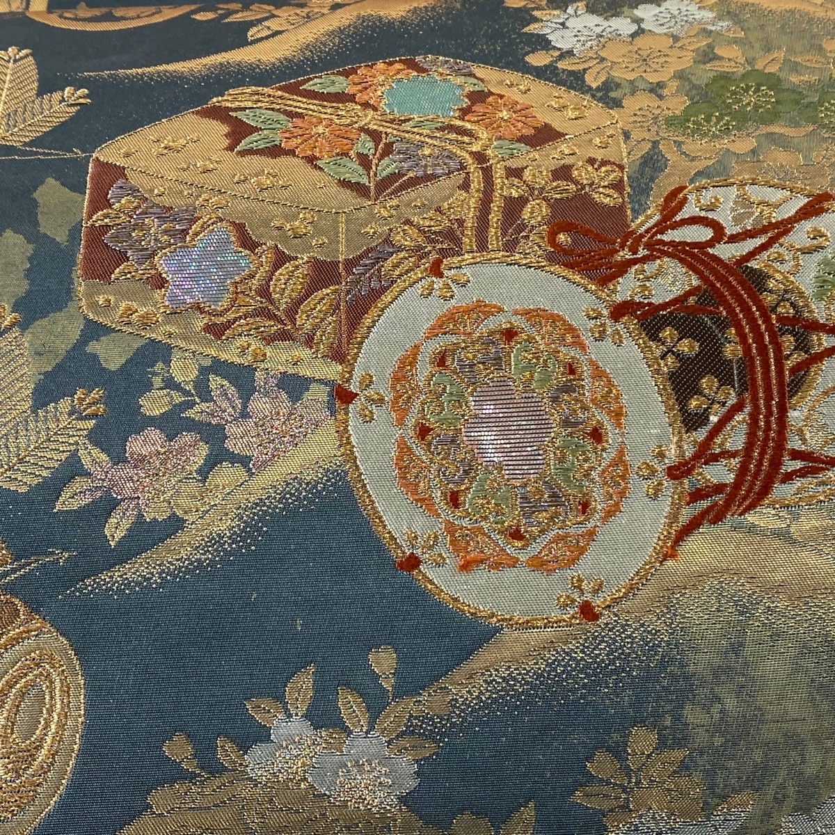 袋帯 美品 名品 和楽器 桜 螺鈿本金真珠箔 螺鈿箔 青緑 六通 袋帯 美品 名品 和楽器 桜 螺鈿本金真珠箔 螺鈿箔 青緑 六通