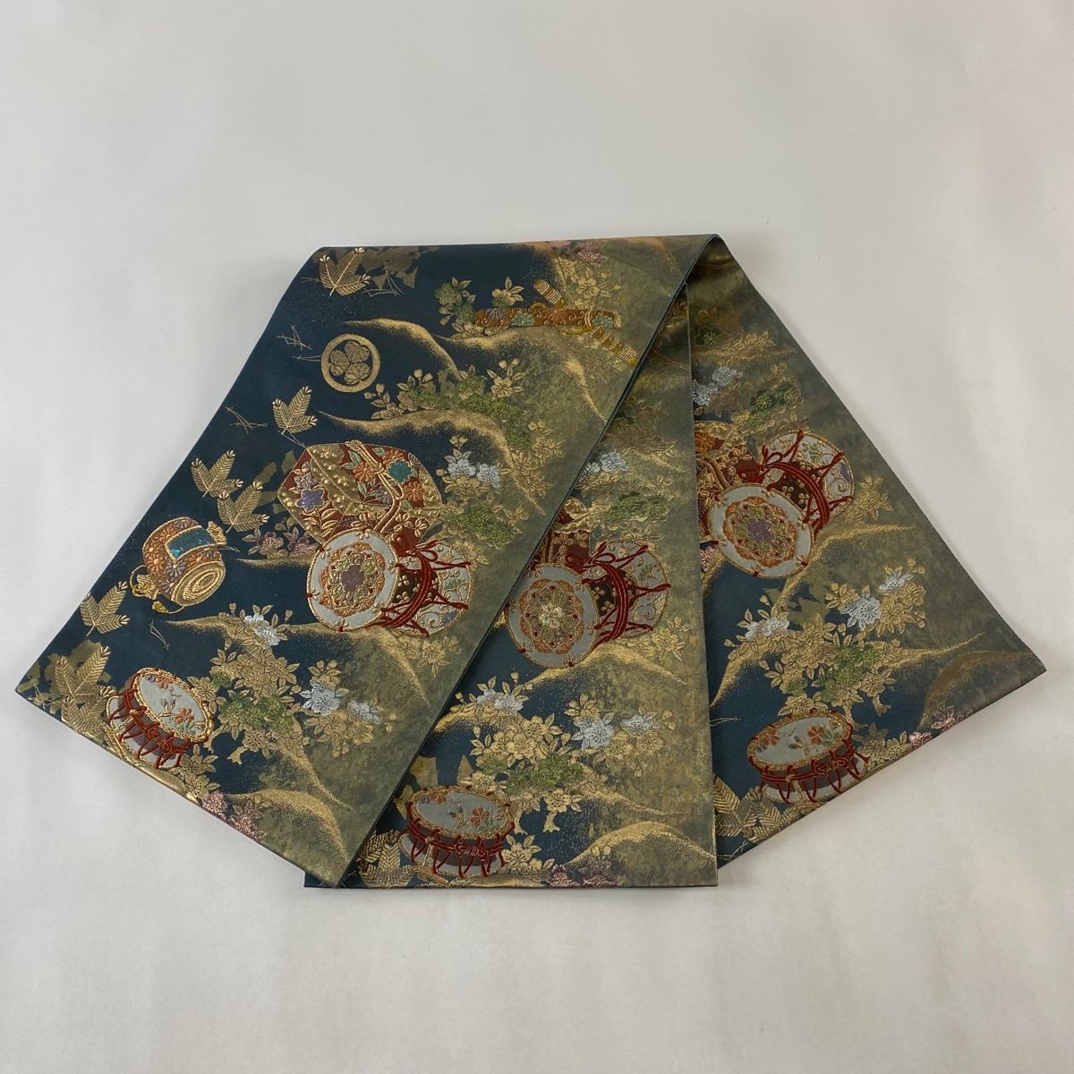 袋帯 美品 名品 和楽器 桜 螺鈿本金真珠箔 螺鈿箔 青緑 六通 袋帯 美品 名品 和楽器 桜 螺鈿本金真珠箔 螺鈿箔 青緑 六通