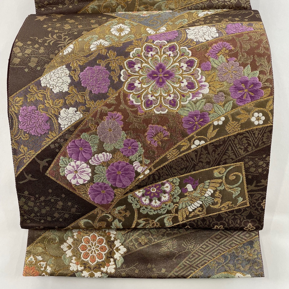 袋帯 美品 名品 じゅらく 落款 慶華彩映文 花鳥 箔 刺繍 茶色 袋帯 美品 名品 じゅらく 落款 慶華彩映文 花鳥 箔 刺繍 茶色