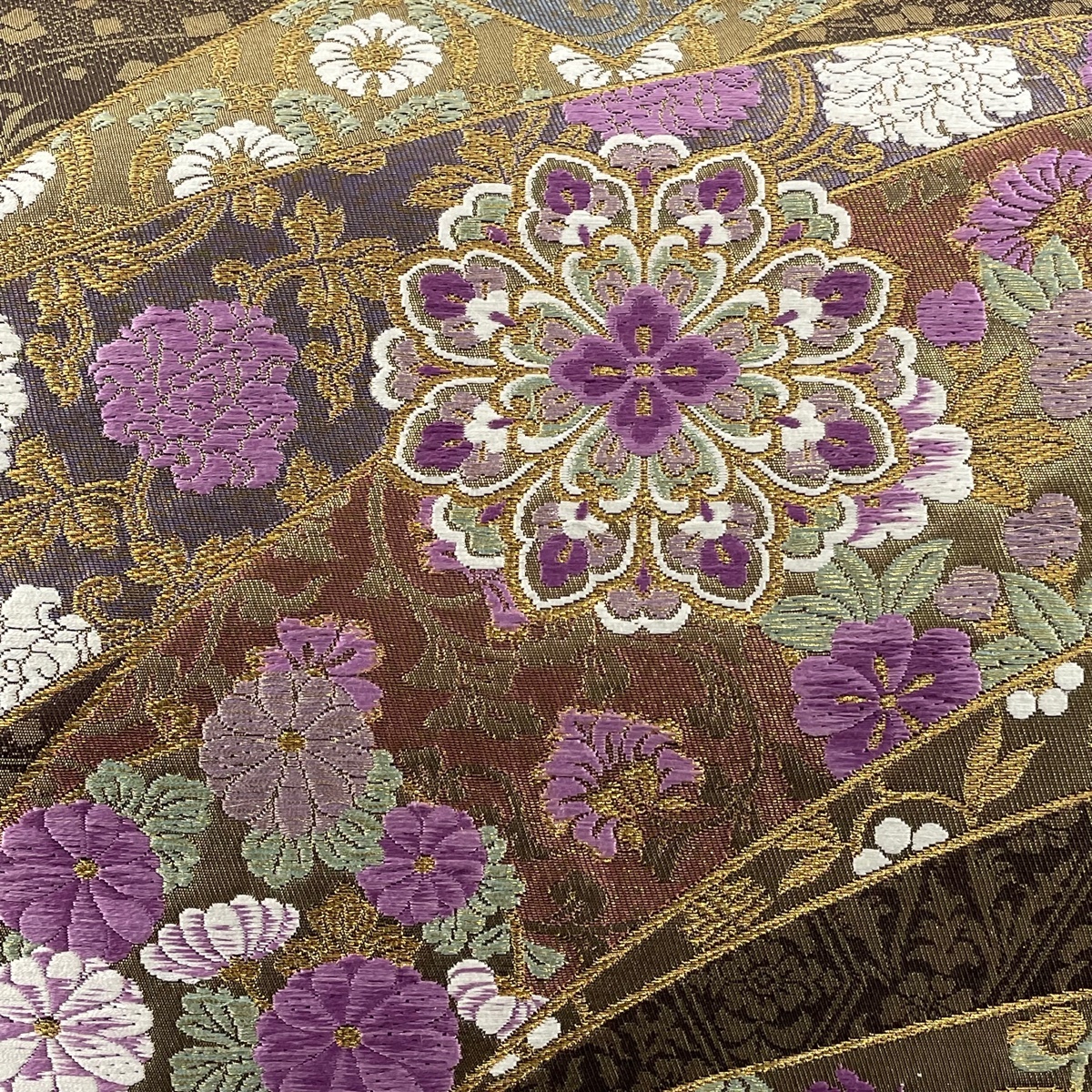 袋帯 美品 名品 じゅらく 落款 慶華彩映文 花鳥 箔 刺繍 茶色 袋帯 美品 名品 じゅらく 落款 慶華彩映文 花鳥 箔 刺繍 茶色