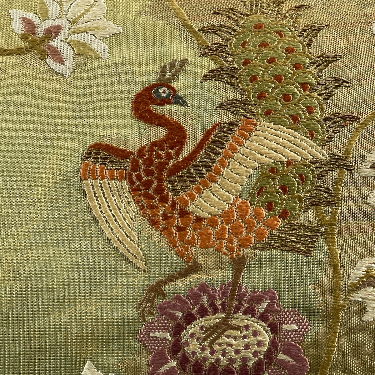 袋帯 美品 秀品 鳥 花唐草 箔 刺繍 よもぎ色 六通 正絹 【中古 袋帯 美品 秀品 鳥 花唐草 箔 刺繍 よもぎ色 六通 正絹 【中古