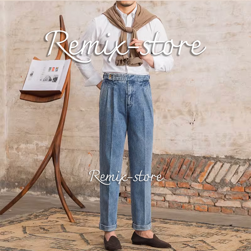 ★NEW！ナポリ的 ドレープ ブリーチ ウォッシュ ストレート デニムパンツ レトロ ９分丈 サイズ29?36 メンズ ダメージ 大きいサイズ★464