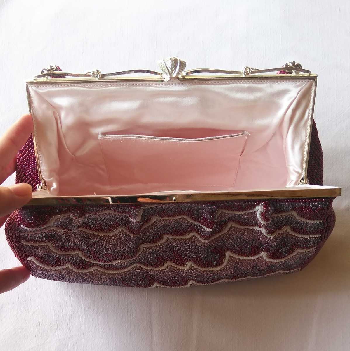  beads bag purple wine red wave pattern silver bulrush . Showa era made in Japan Japanese beads, vintage purse handbag